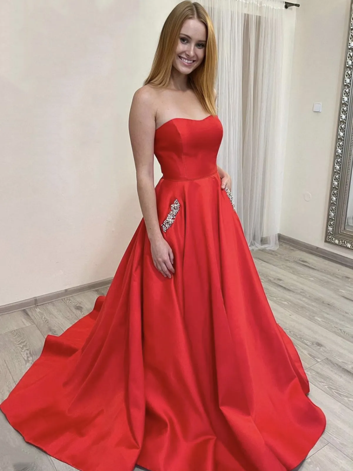 Strapless Red Satin Long Prom Dresses with Pocket, Long Red Formal Graduation Evening Dresses