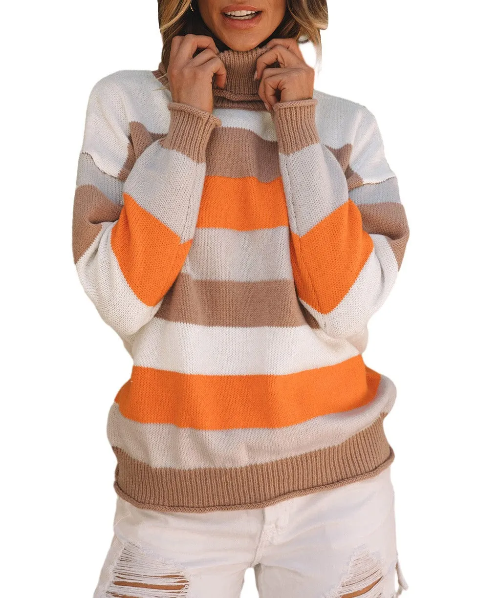 Stripe Ribbed Trim Turtleneck Sweater