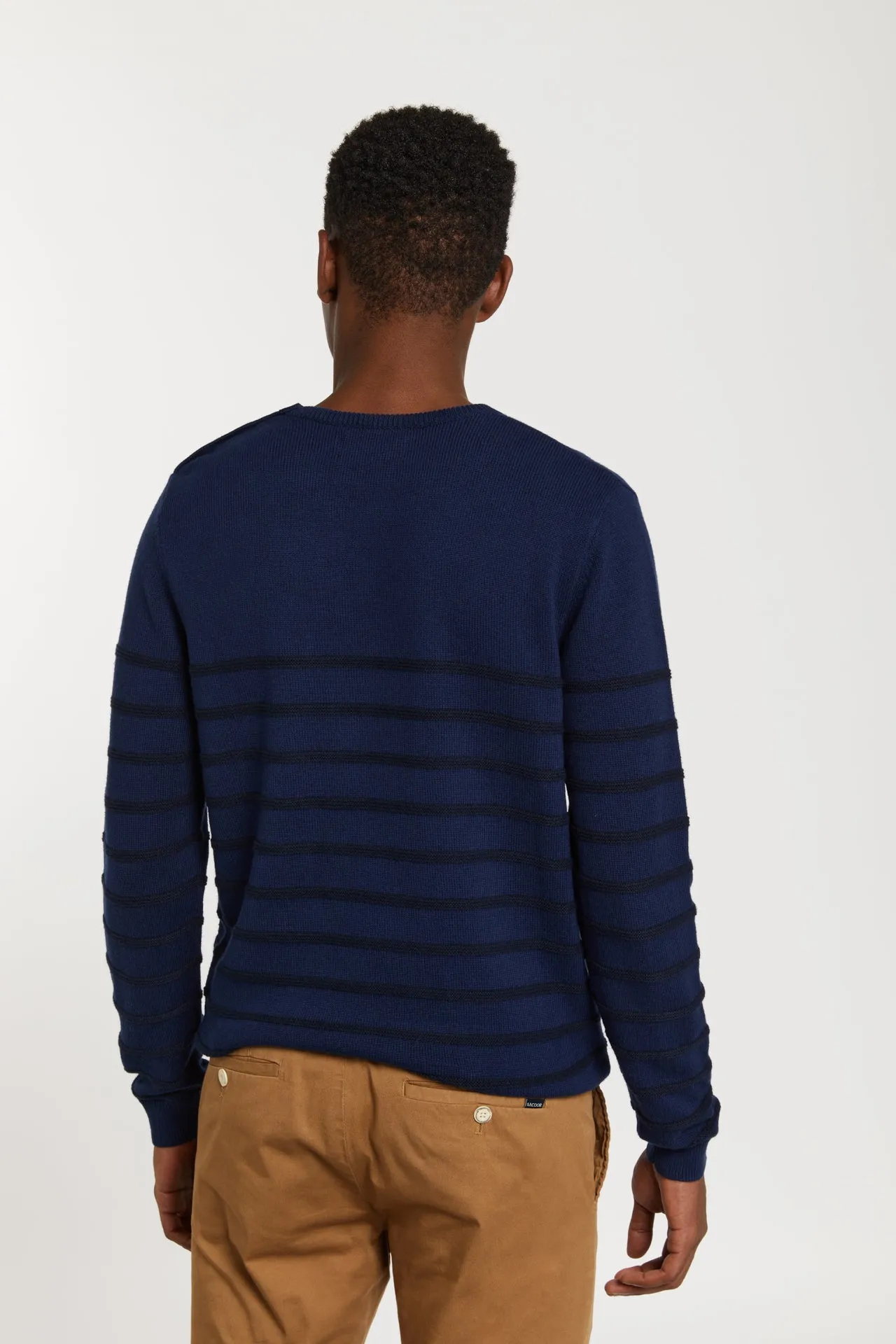 Striped sweater with shoulder placket