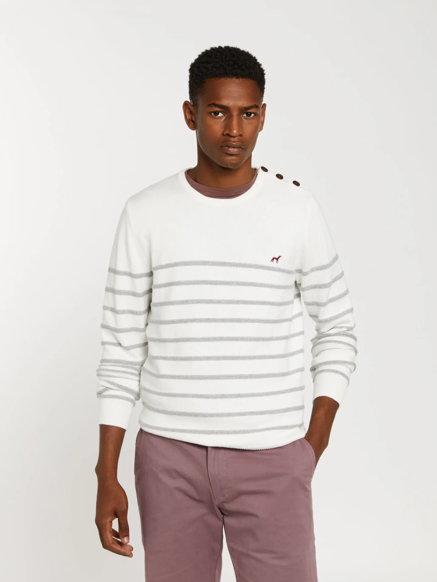 Striped sweater with shoulder placket