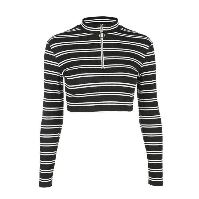 Stripes Front High Neck Zipper Metallic Ring Crop Sweater