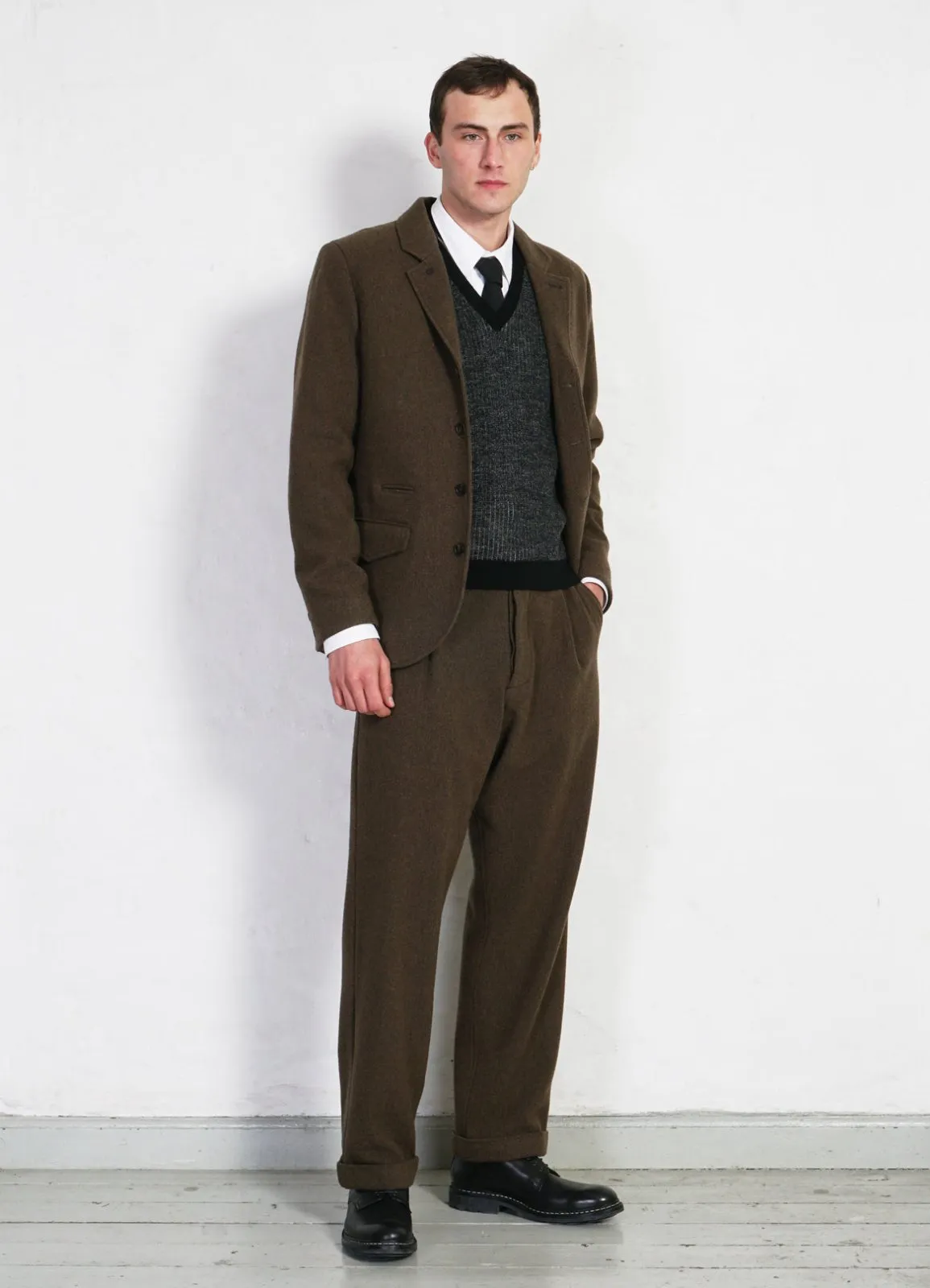 SUNE | Pleated Wide Cut Trousers | Brown Herringbone