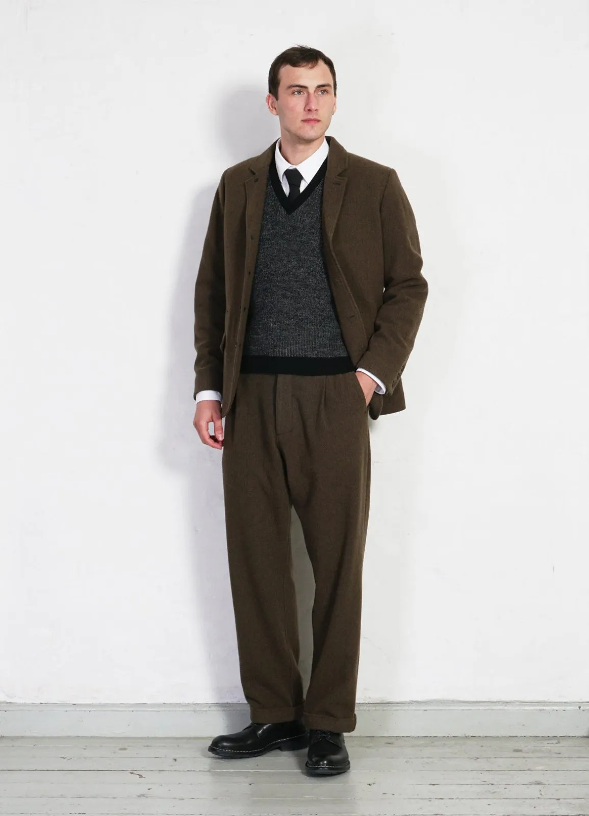 SUNE | Pleated Wide Cut Trousers | Brown Herringbone