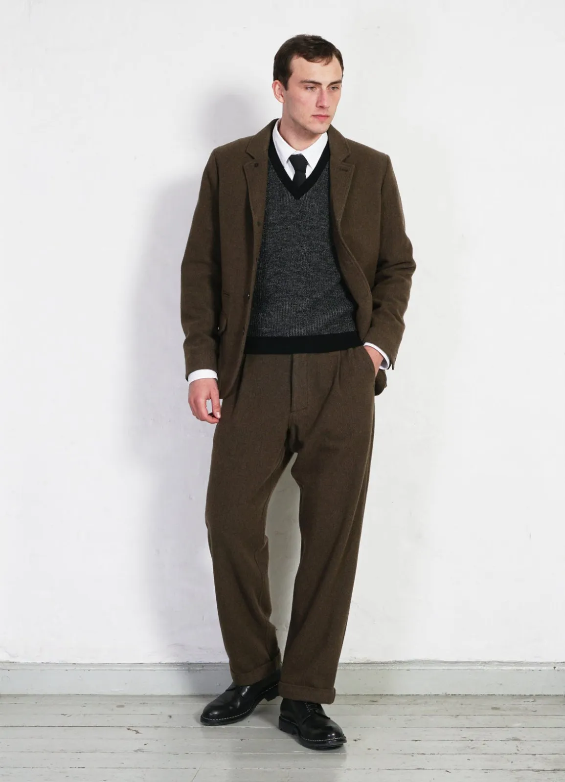 SUNE | Pleated Wide Cut Trousers | Brown Herringbone