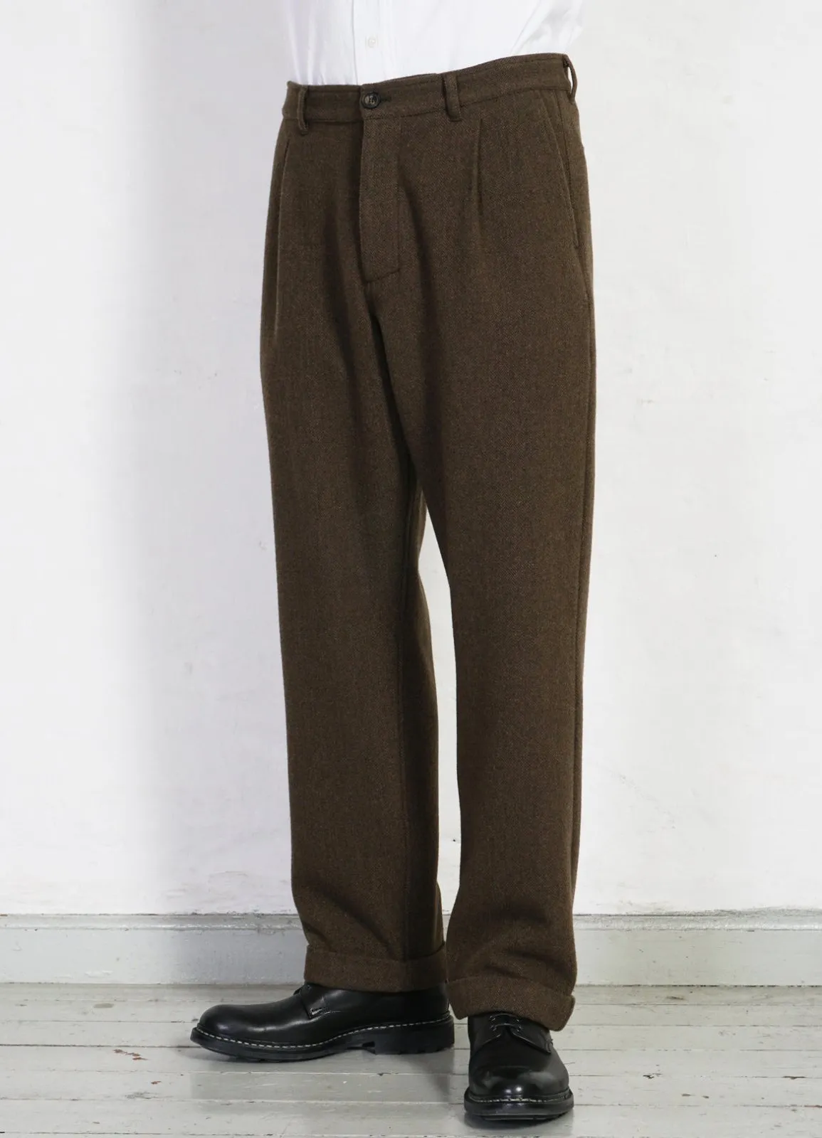 SUNE | Pleated Wide Cut Trousers | Brown Herringbone