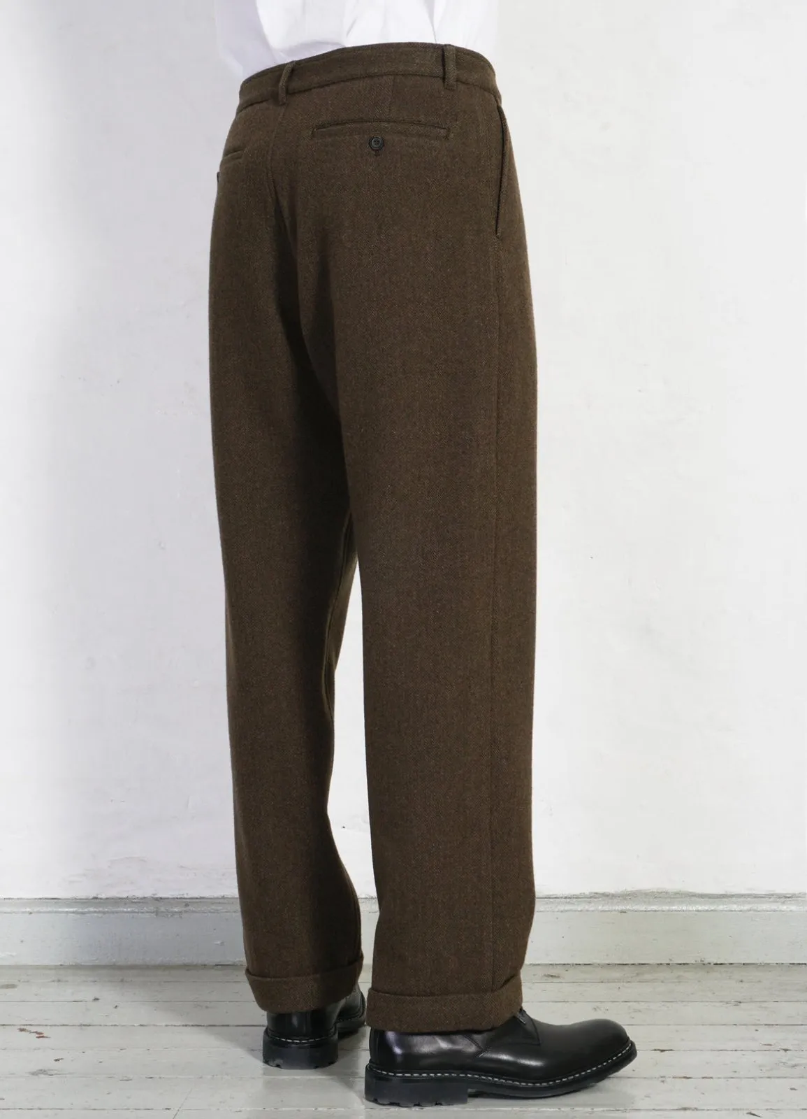 SUNE | Pleated Wide Cut Trousers | Brown Herringbone