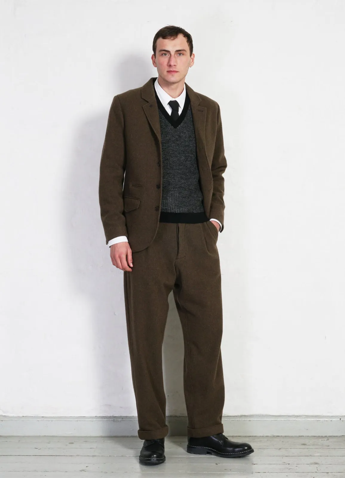 SUNE | Pleated Wide Cut Trousers | Brown Herringbone