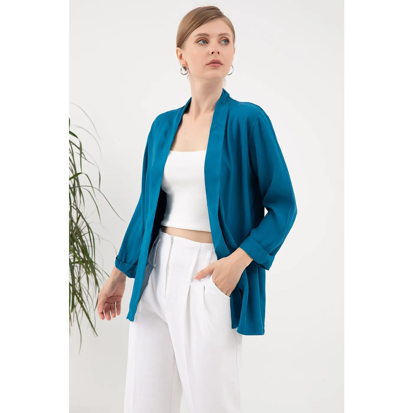 Teal Short Sleeves Shawl Jacket