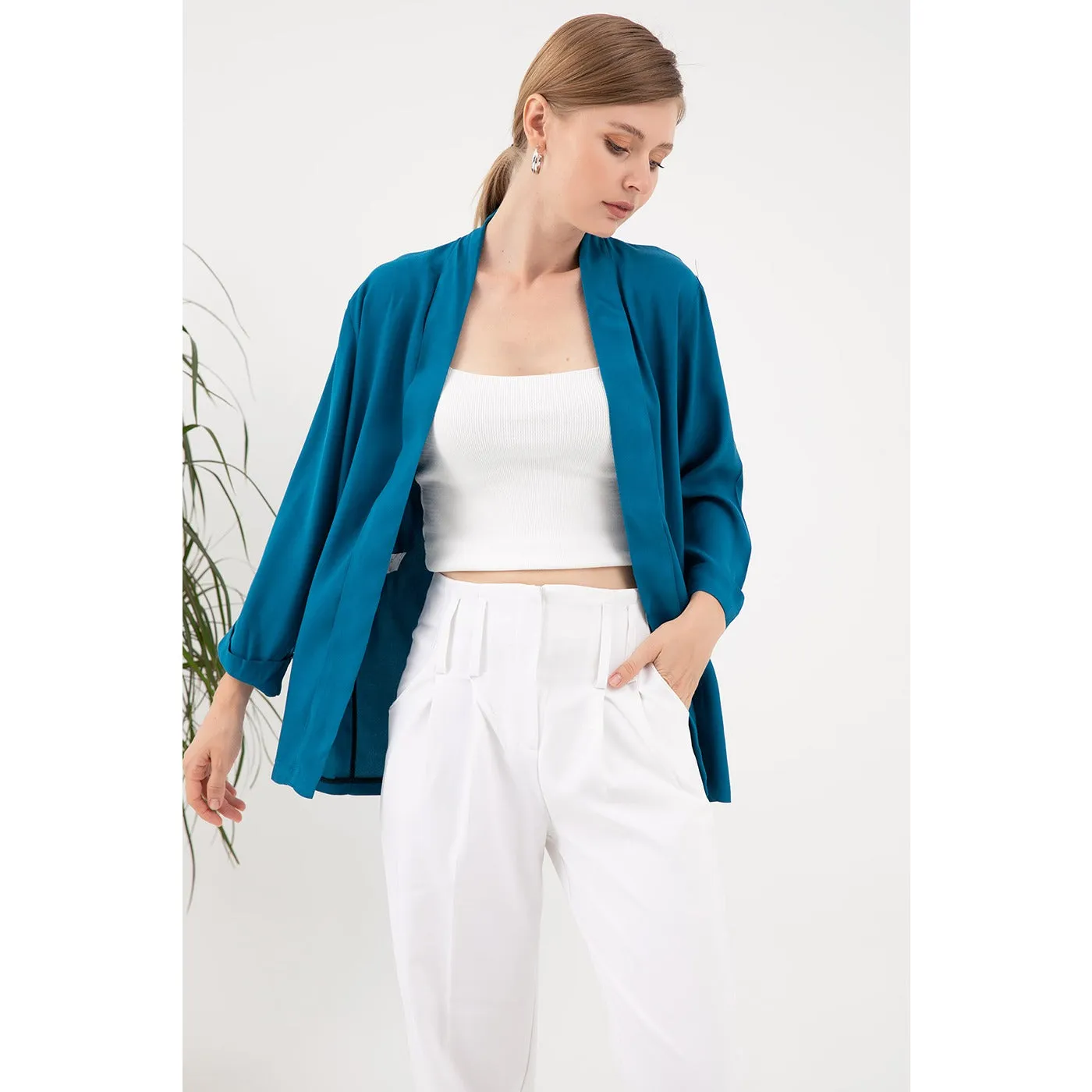 Teal Short Sleeves Shawl Jacket