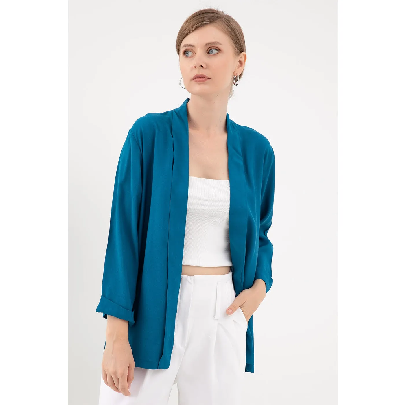 Teal Short Sleeves Shawl Jacket