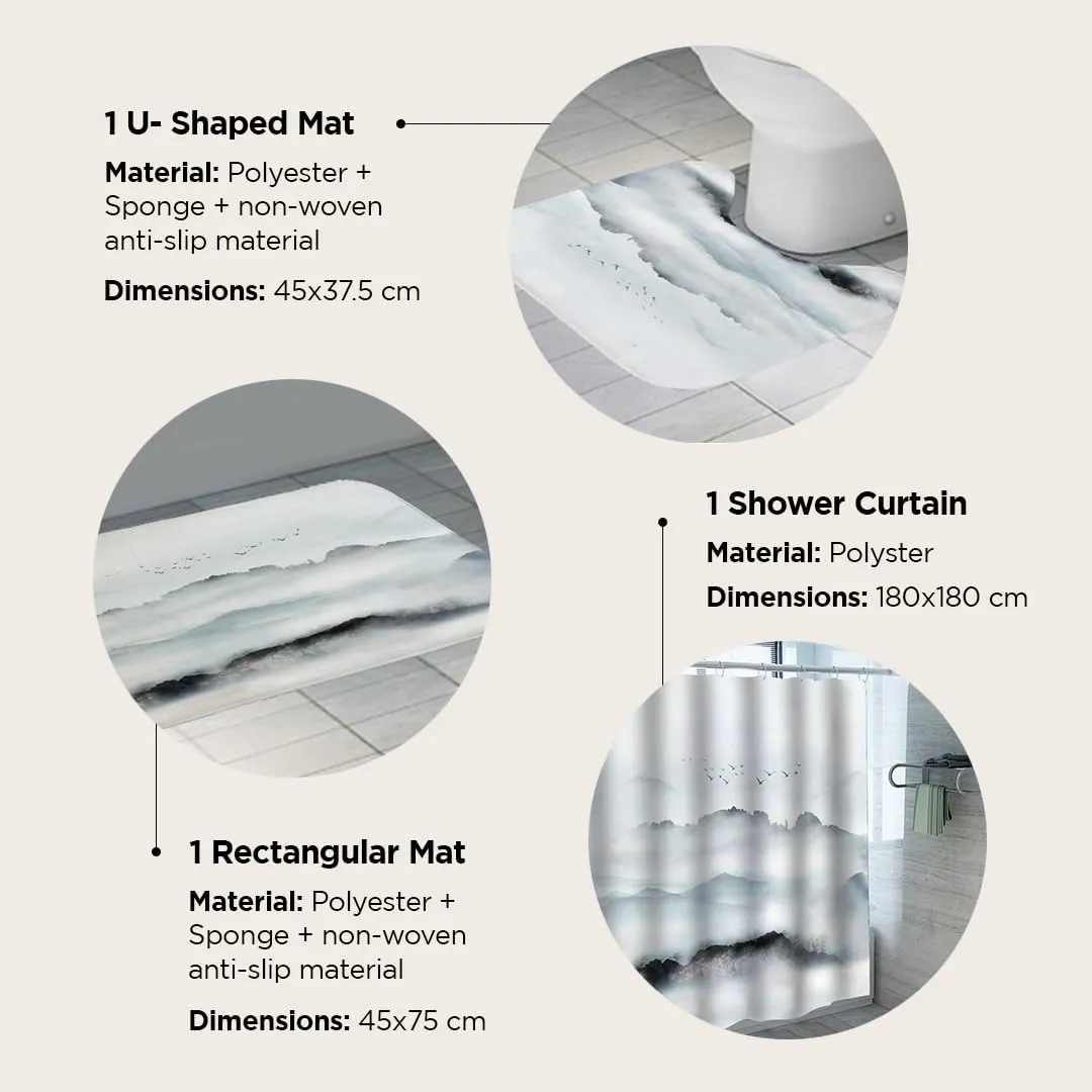 The Better Home Shower Curtains (180x180cm) with Bathmats | 3 pcs set | Polyester | Anti-Fall, Easy-Slide Curtains, Quick-Dry Non-Slippery mats | For Bathroom | Advanced Design| Hazy Hills - Grey Blue