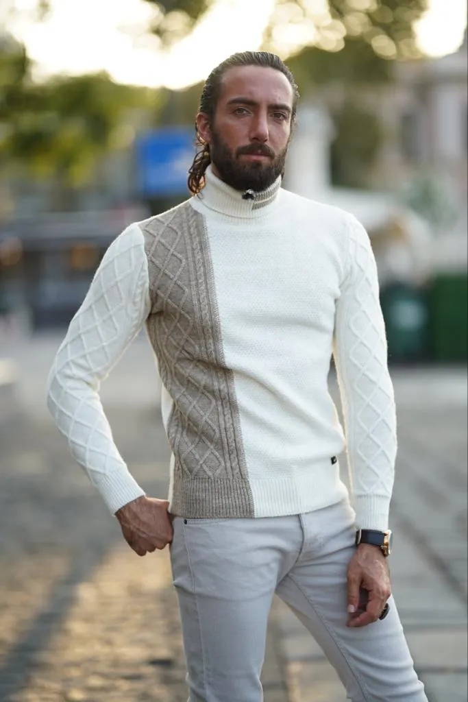 Thread Slim Fit Custom Design White Mixed Colors Turtleneck Sweater