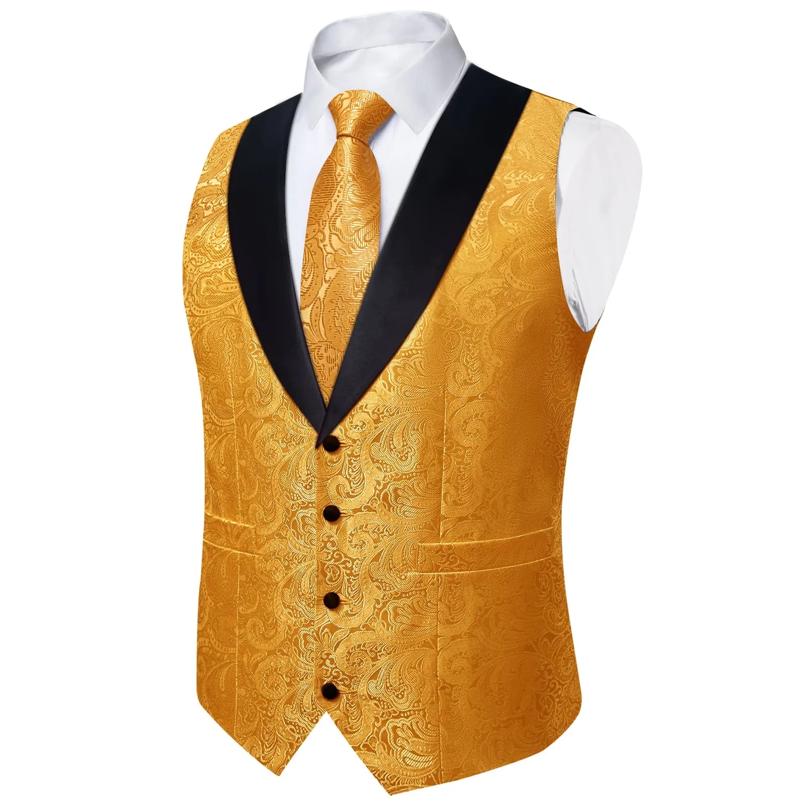 Ties2you Dress Vest Gamboge Orange Floral Shawl Collar Silk Mens Waistcoat Tie Set