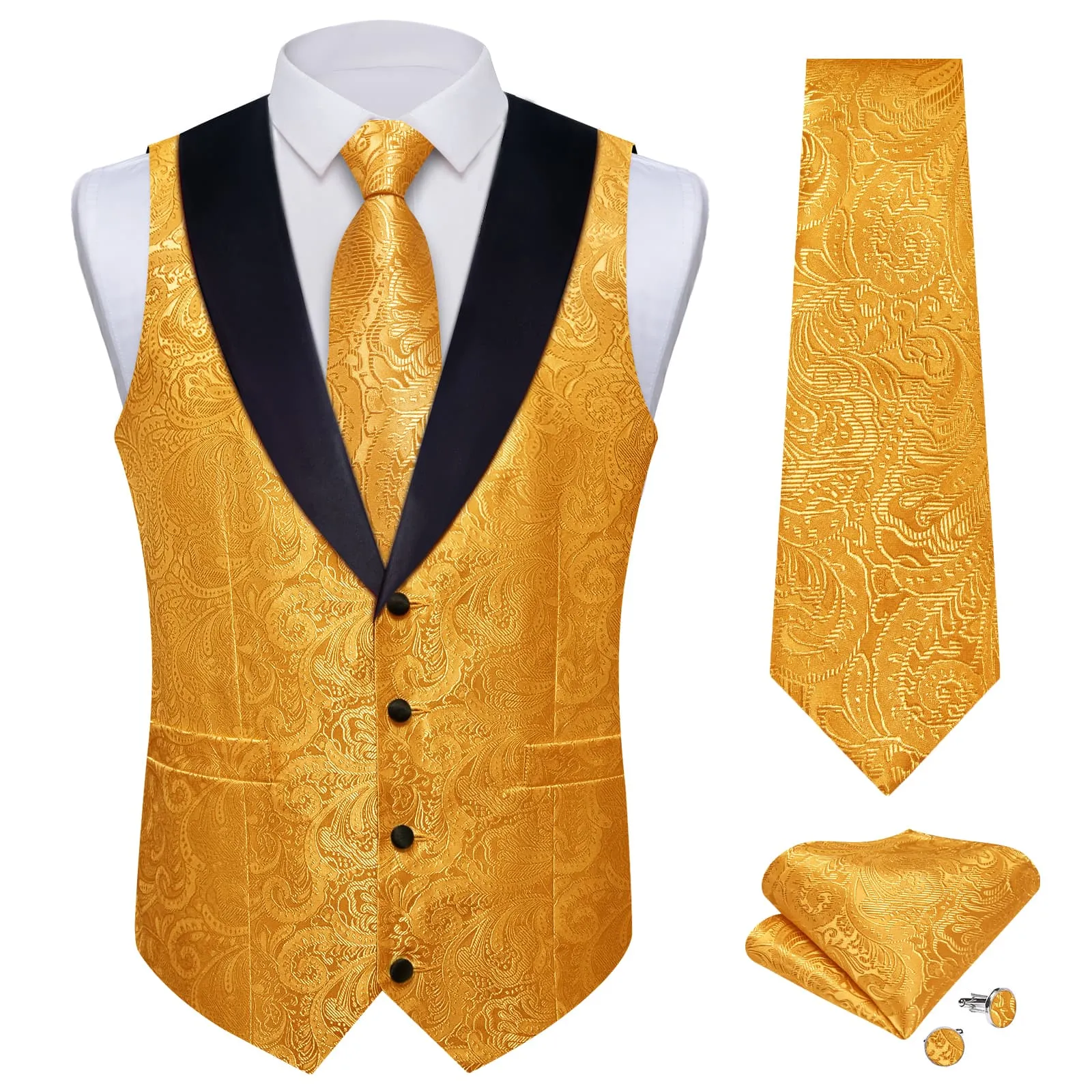 Ties2you Dress Vest Gamboge Orange Floral Shawl Collar Silk Mens Waistcoat Tie Set