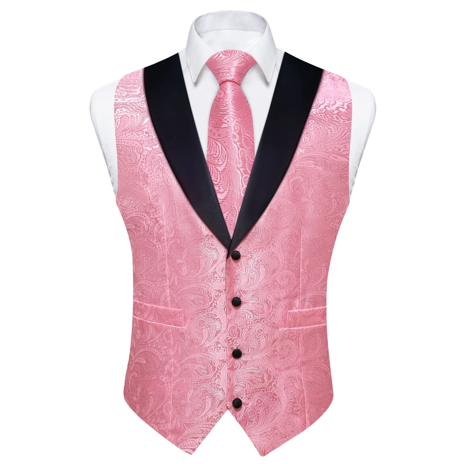 Ties2you Dress Vest Rose Pink Floral Shawl Collar Silk Mens Waistcoat Tie Set