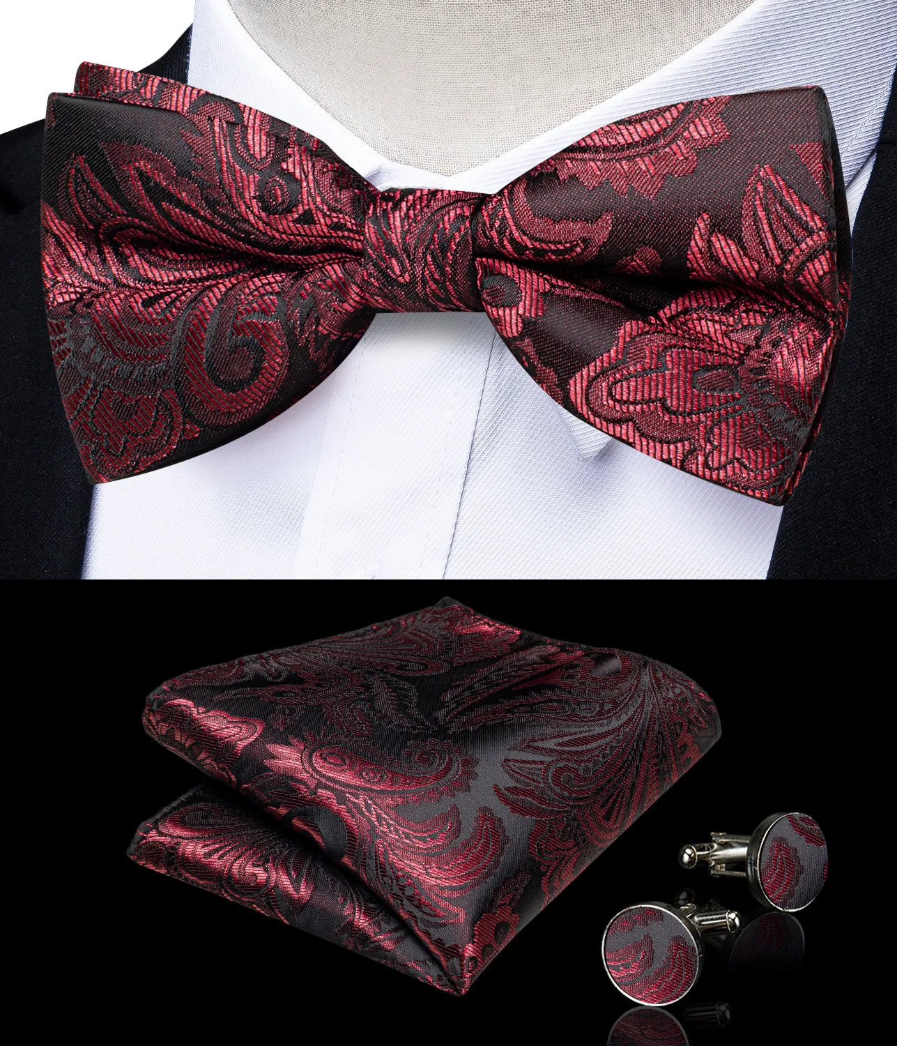 Ties2you Red Vest Silk Paisley Burgundy Collar Vest Bow Tie Handkerchief Cufflinks Set Waistcoat Suit Set for Mens