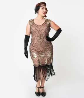 Unique Vintage Plus Size Rose Pink & Gold Sequin Lina Fringe Flapper Dress