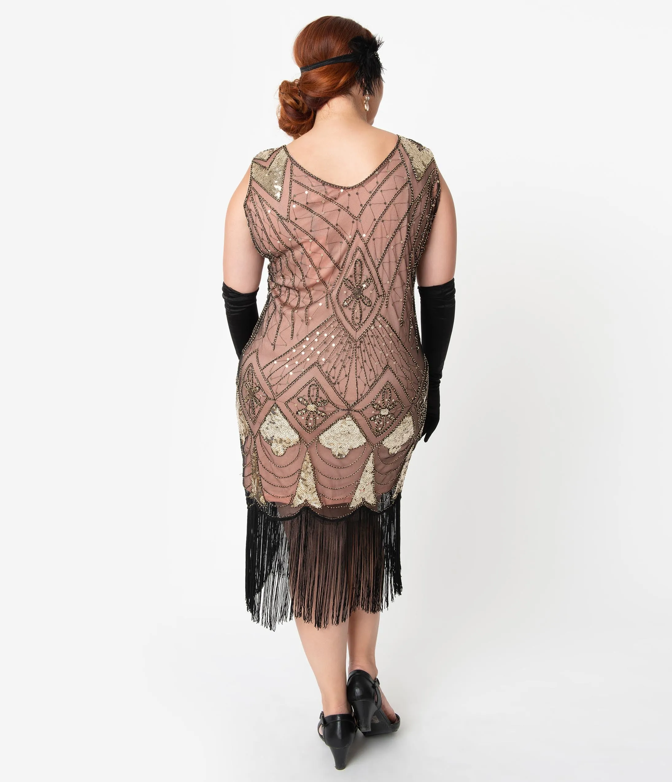 Unique Vintage Plus Size Rose Pink & Gold Sequin Lina Fringe Flapper Dress