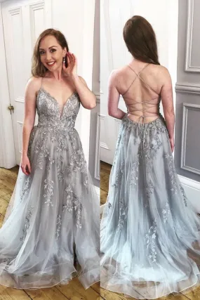 V Neck Backless Gray Lace Long Prom Dress, Gray Lace Formal Dress, Grey Evening Dress