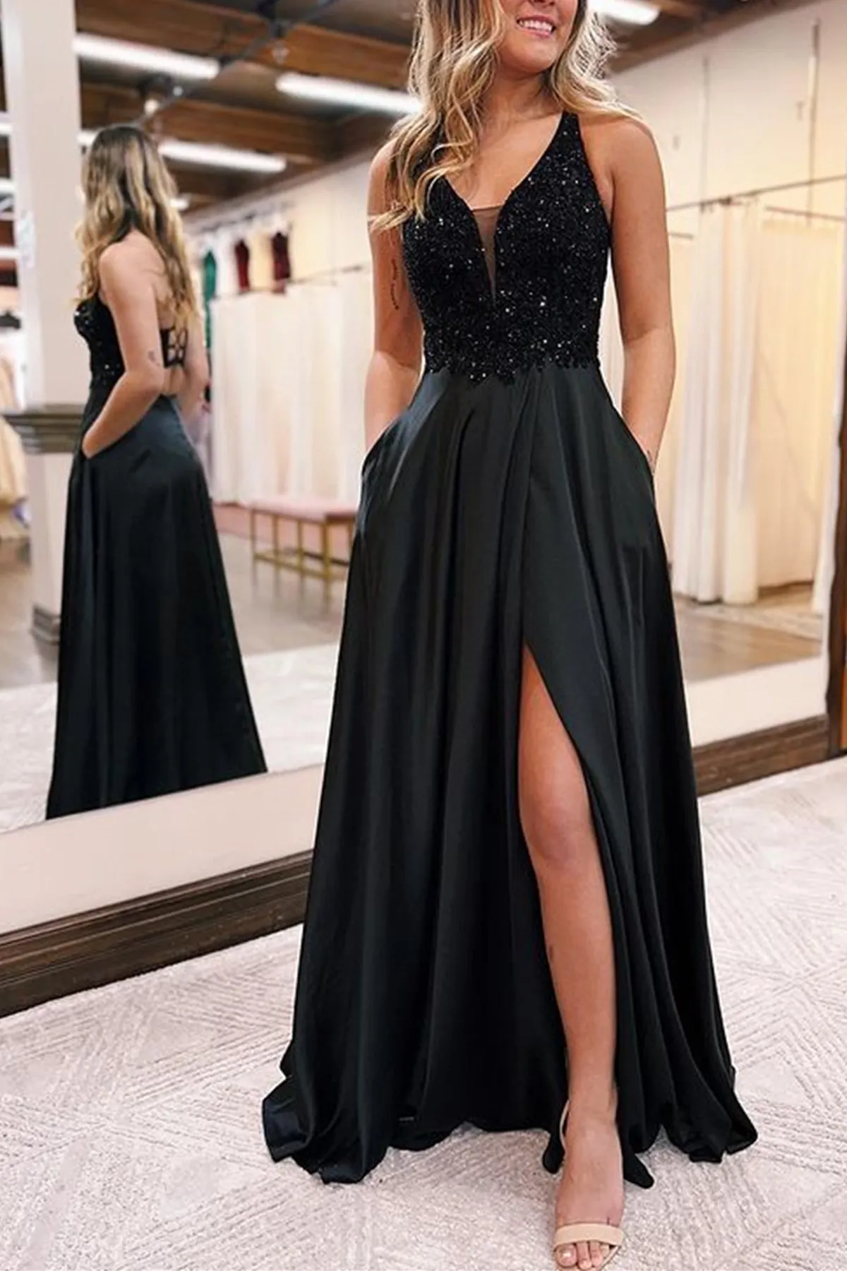 V Neck Black Sequins Long Prom Dress with High Slit, Long Dark Green Formal Graduation Evening Dress A1732