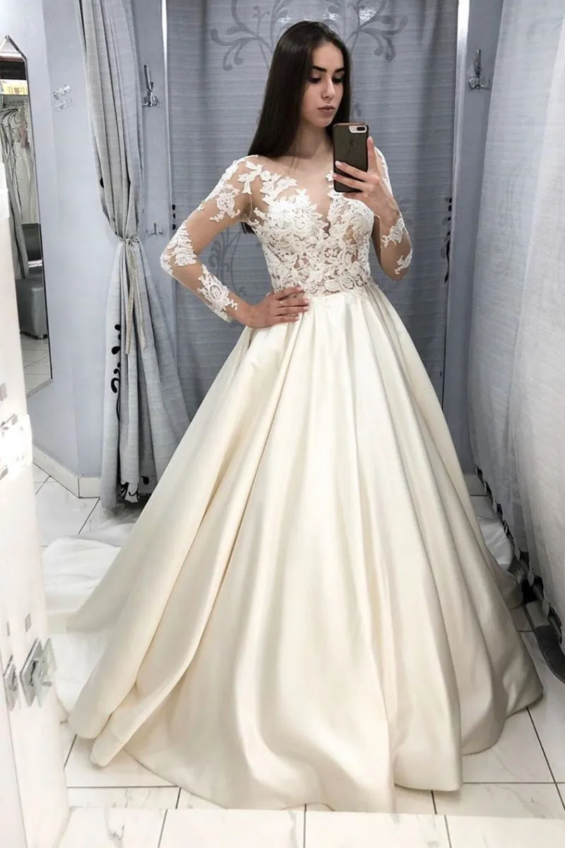 V Neck Long Sleeves Lace Ivory Long Prom Dresses Wedding Dresses, Long Sleeves Ivory Lace Formal Dresses, Ivory Lace Evening Dresses