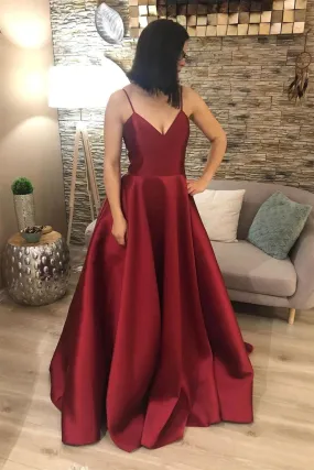 V Neck Open Back Burgundy Satin Long Prom Dress, V Neck Burgundy Formal Graduation Evening Dress A1585