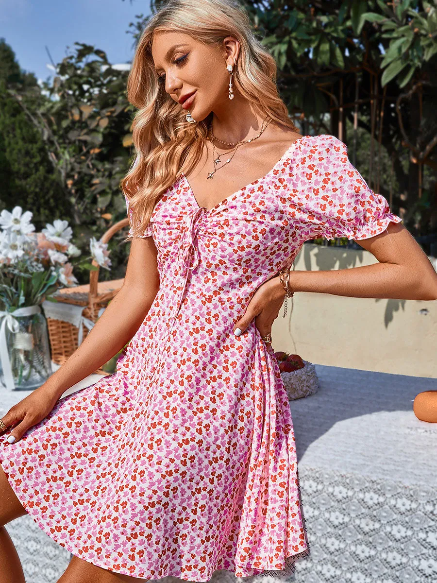 V Neck Short Sleeves Floral Printed Strap Midi Boho Dress