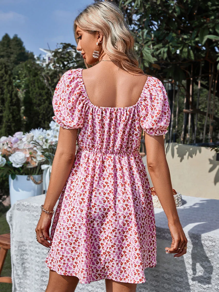 V Neck Short Sleeves Floral Printed Strap Midi Boho Dress