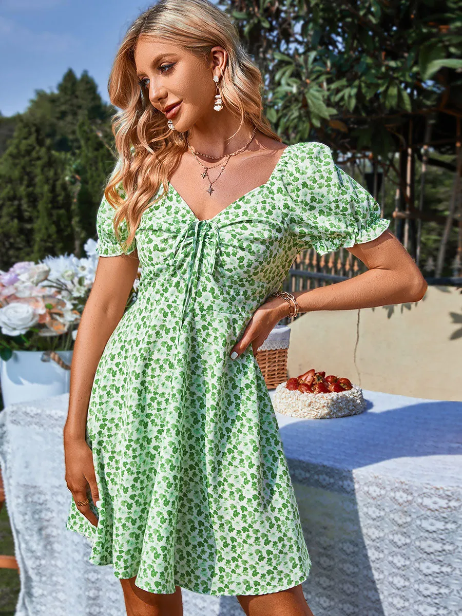 V Neck Short Sleeves Floral Printed Strap Midi Boho Dress