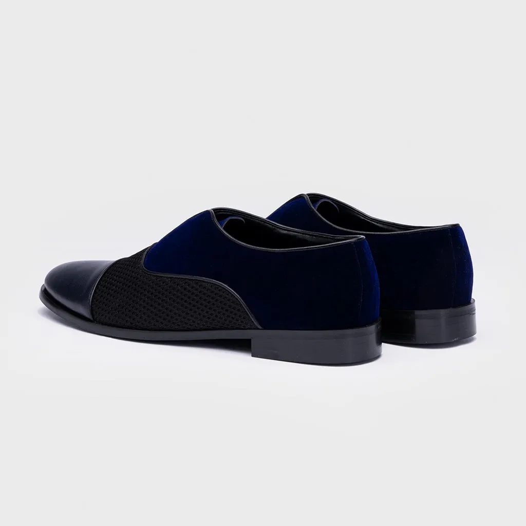 VELVET SLIP-ONS WITH MESH-BLUE