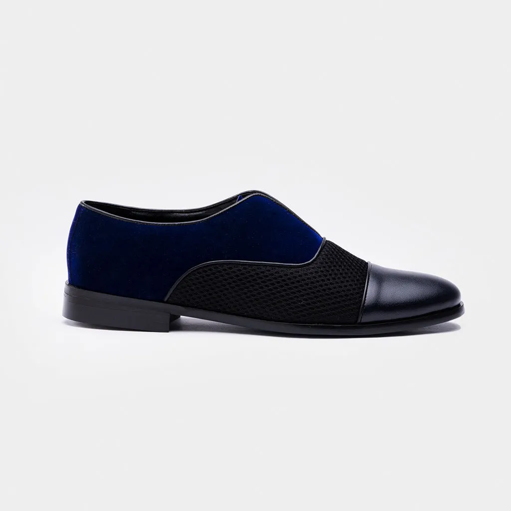 VELVET SLIP-ONS WITH MESH-BLUE