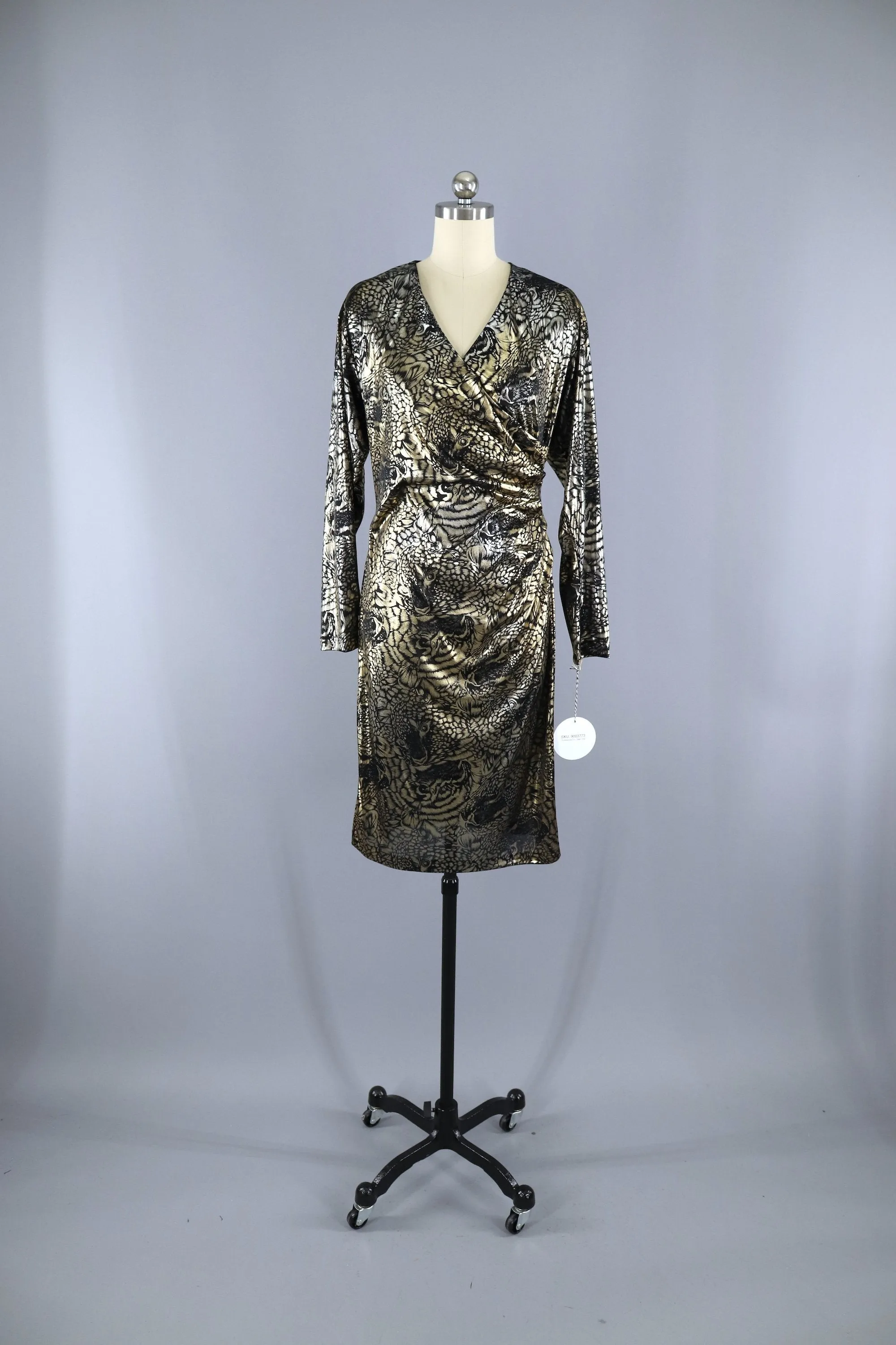 Vintage 1980s Disco Dress / Gold Silver Animal Print