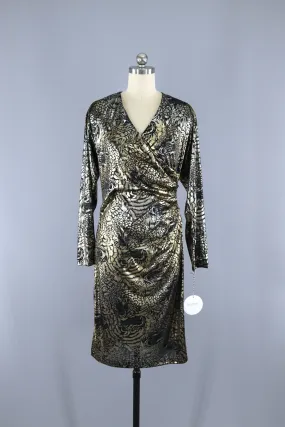 Vintage 1980s Disco Dress / Gold Silver Animal Print