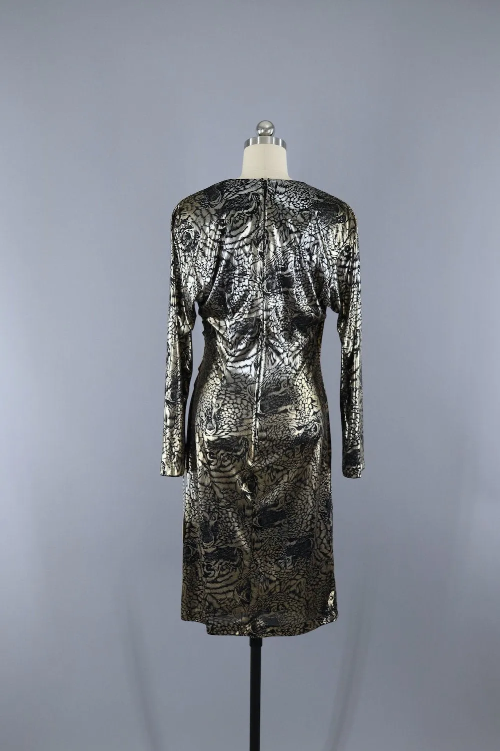 Vintage 1980s Disco Dress / Gold Silver Animal Print