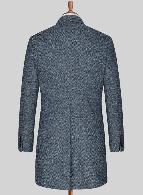 Vintage Herringbone Blue Tweed Overcoat