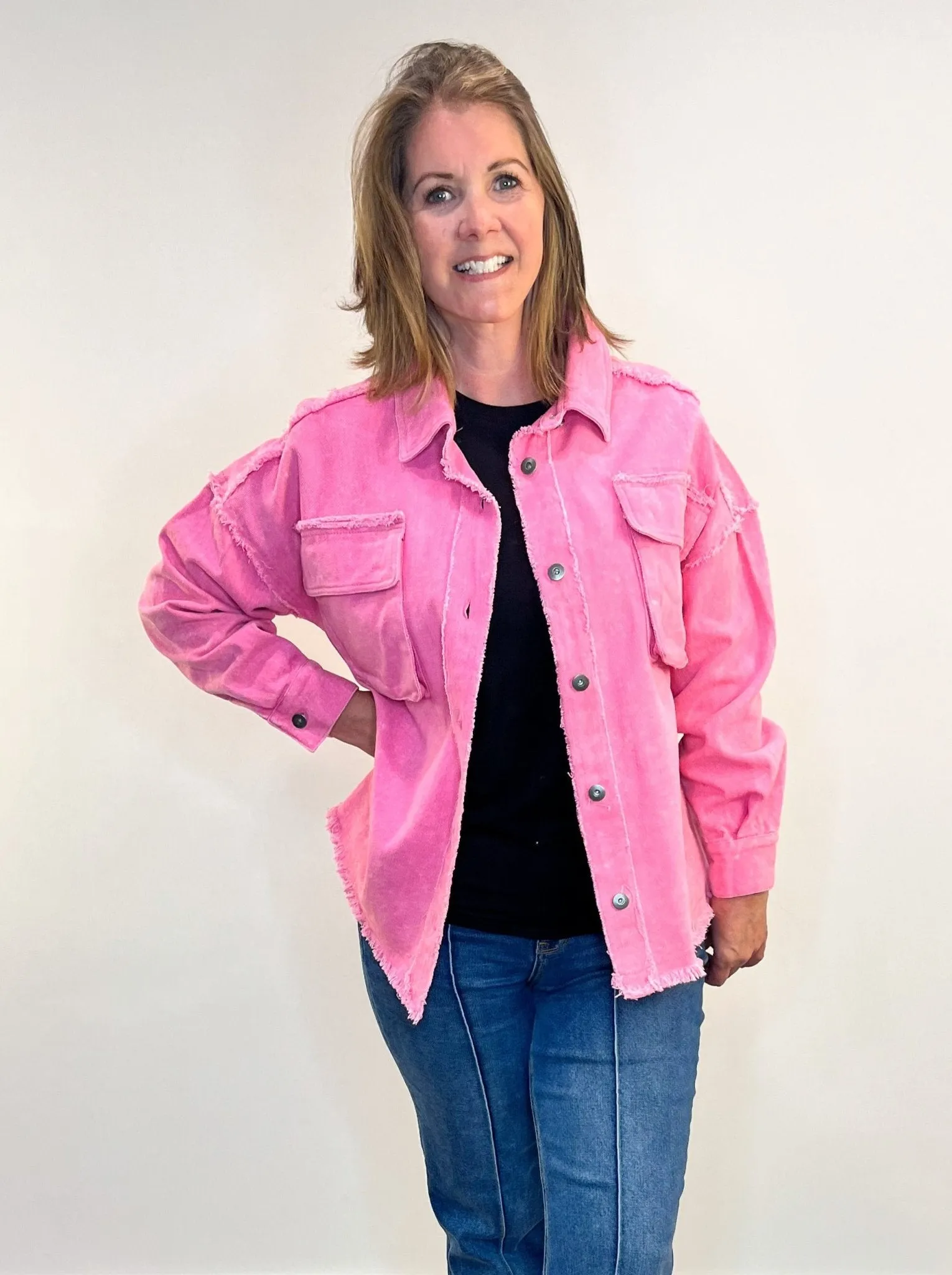 Washed Oversized Denim Chambray Jacket - Pink