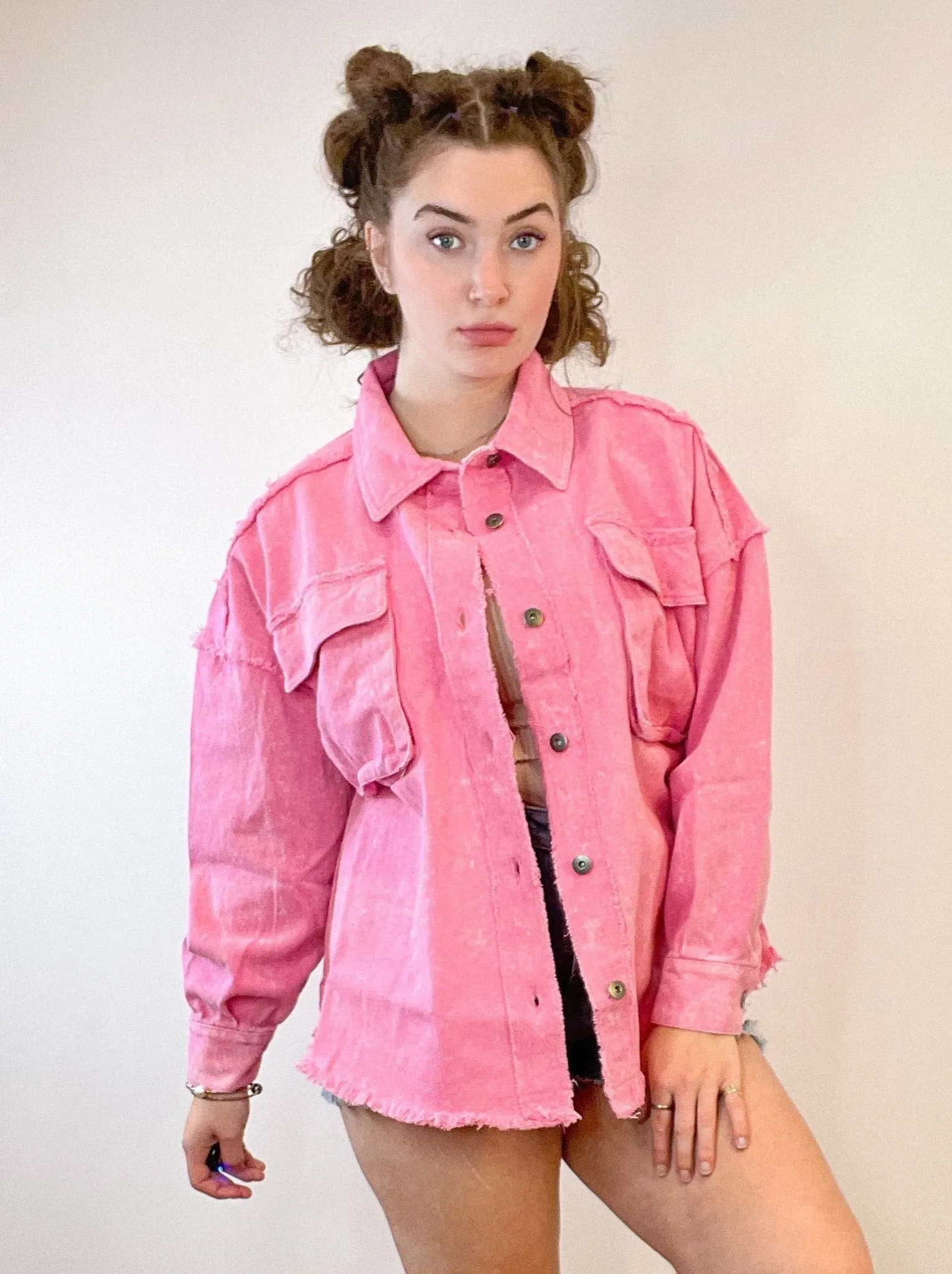 Washed Oversized Denim Chambray Jacket - Pink