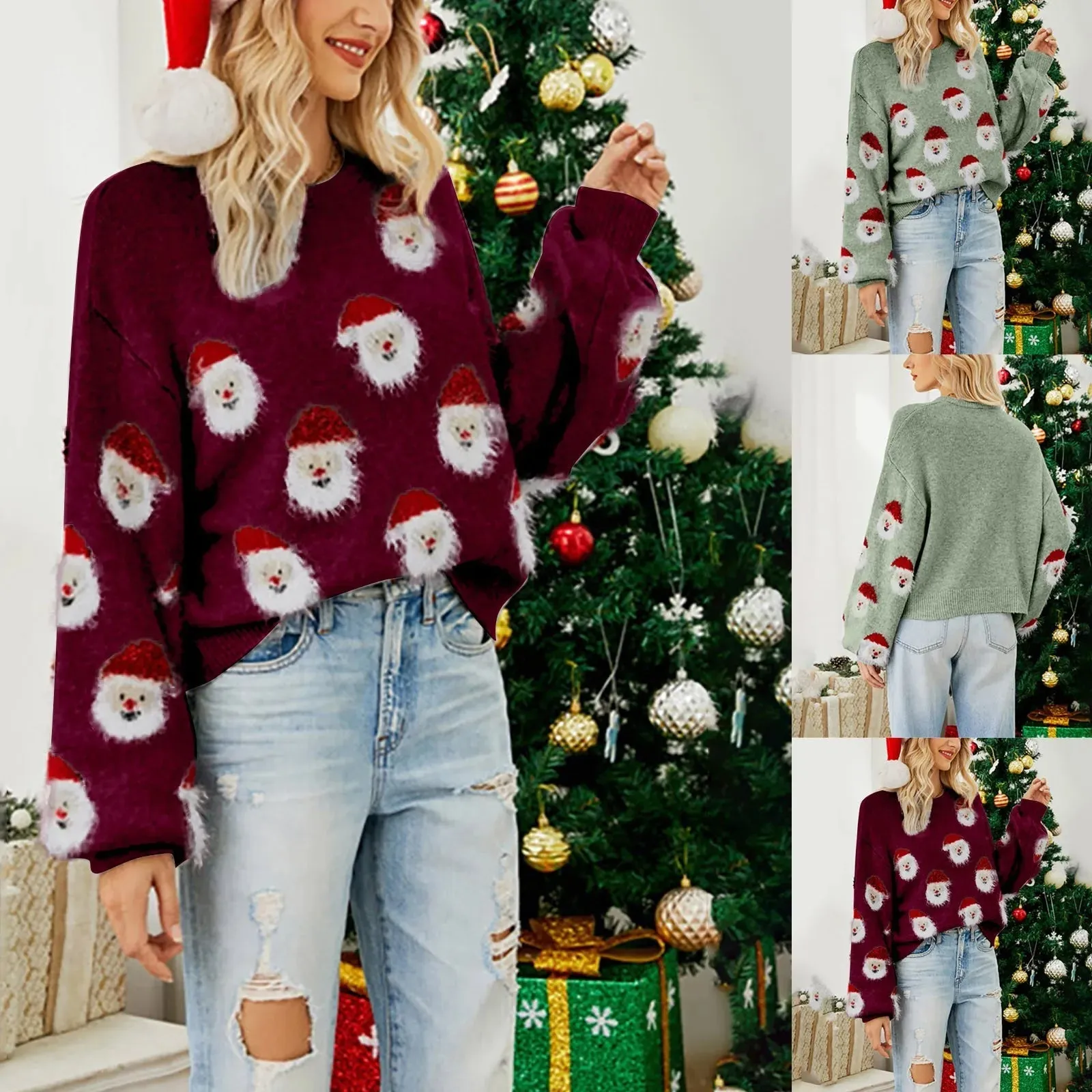 Wenkouban-Christmas Thanksgiving outfits_Christmas Cozy Cute Santa Head Round Neck Casual Oversized Warm Winter Sweater