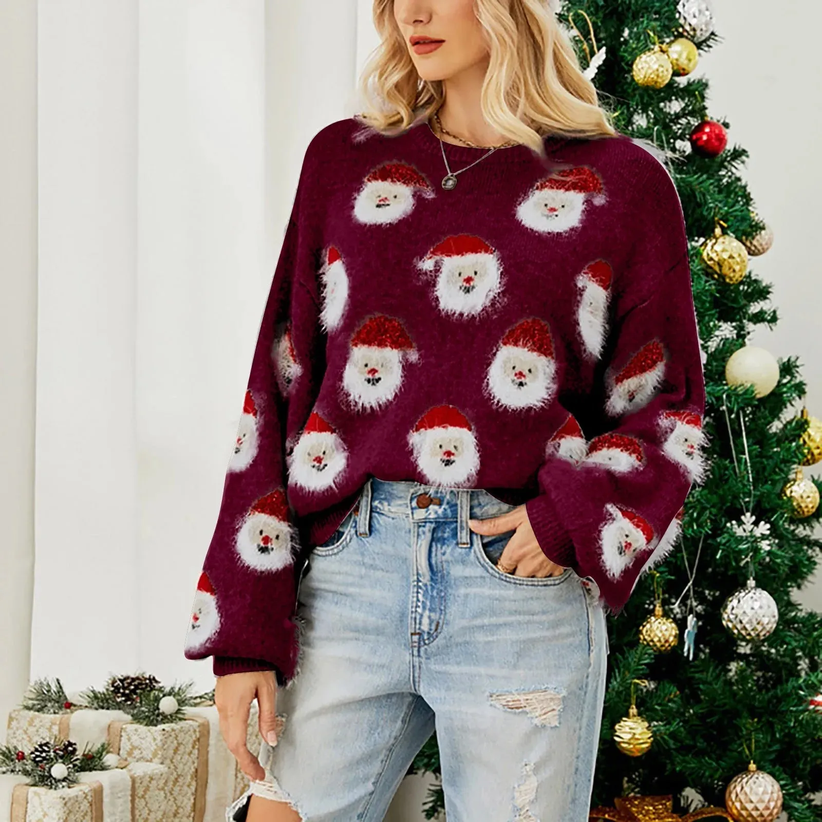 Wenkouban-Christmas Thanksgiving outfits_Christmas Cozy Cute Santa Head Round Neck Casual Oversized Warm Winter Sweater