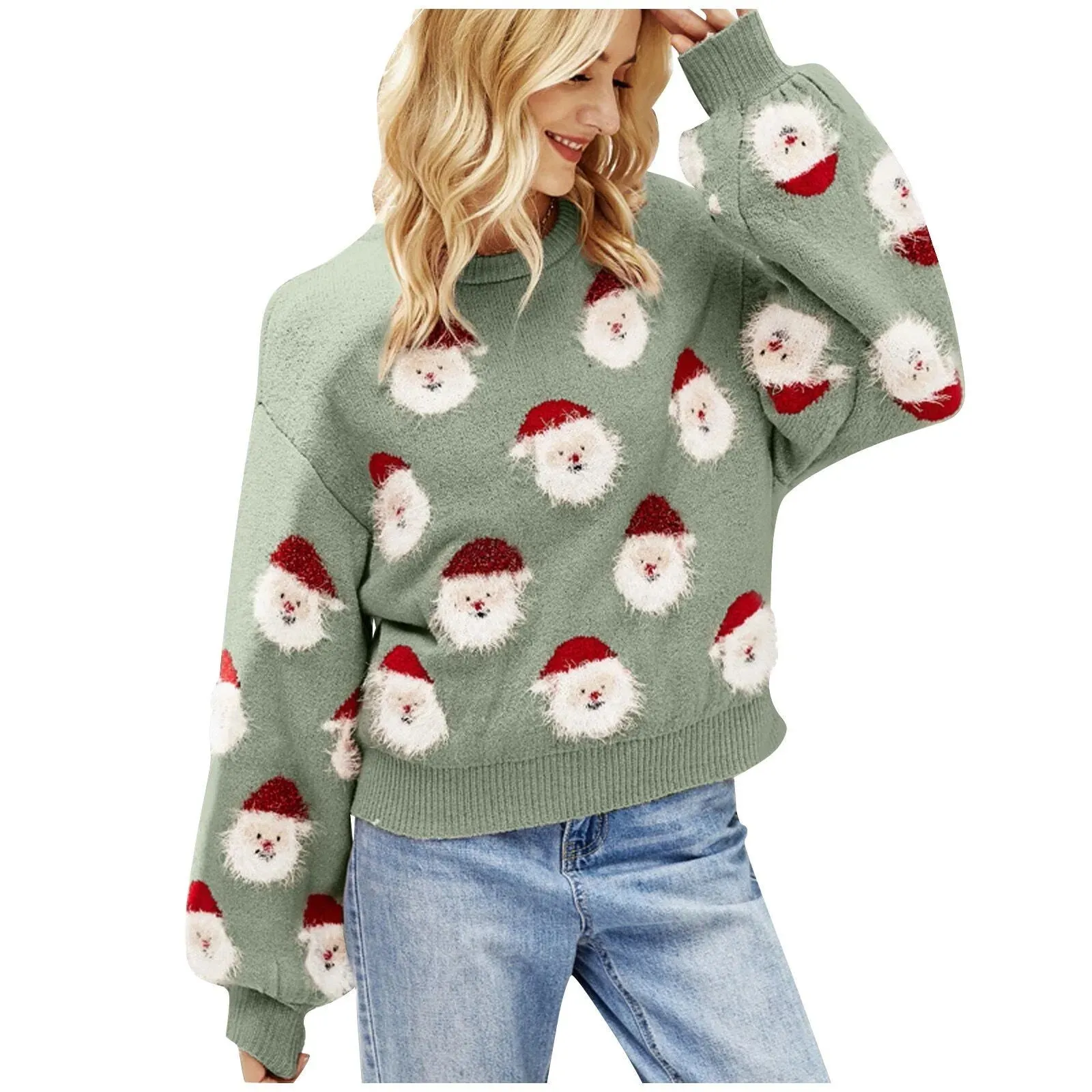 Wenkouban-Christmas Thanksgiving outfits_Christmas Cozy Cute Santa Head Round Neck Casual Oversized Warm Winter Sweater