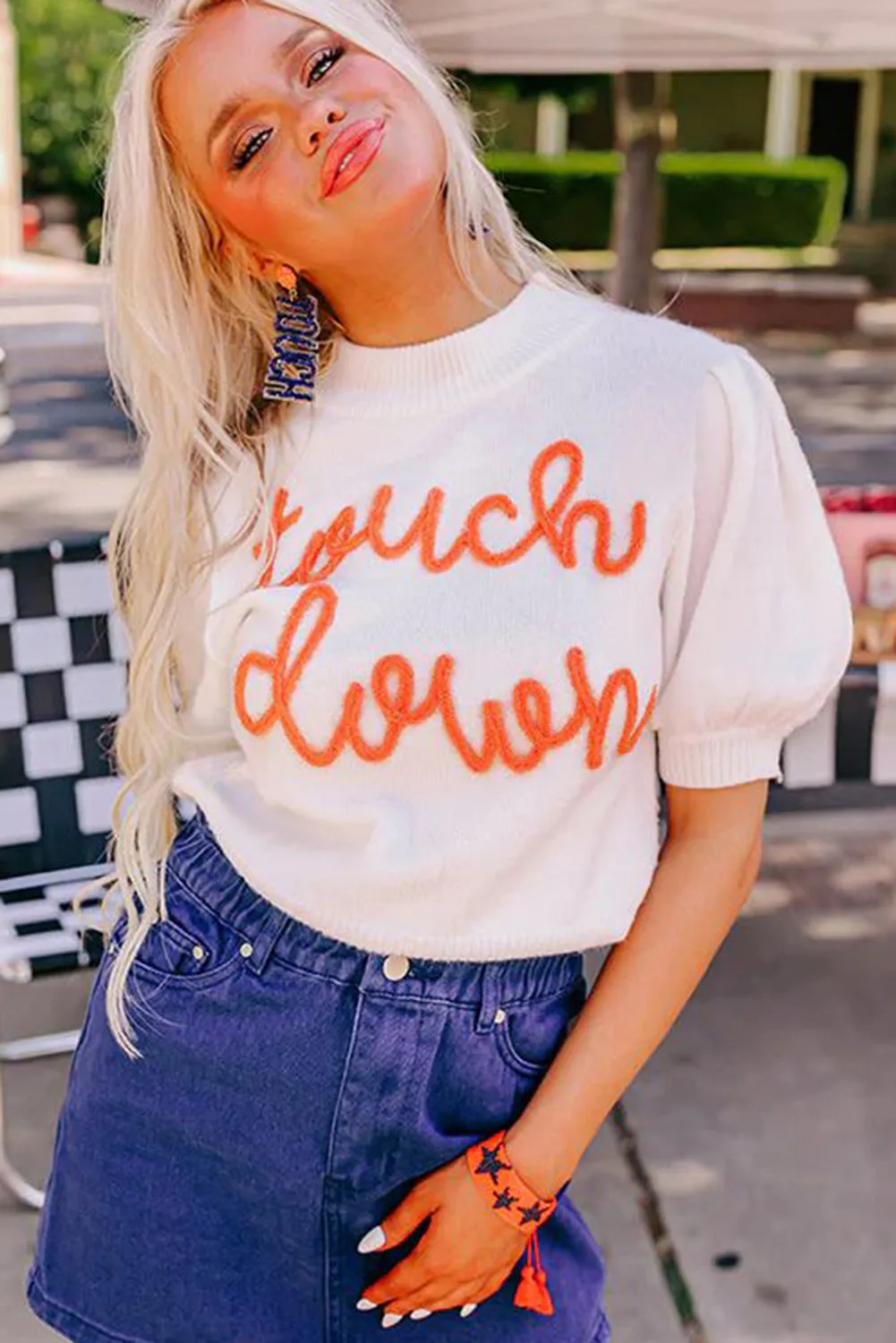 White Touchdown Tinsel Puff Short Sleeve Sweater