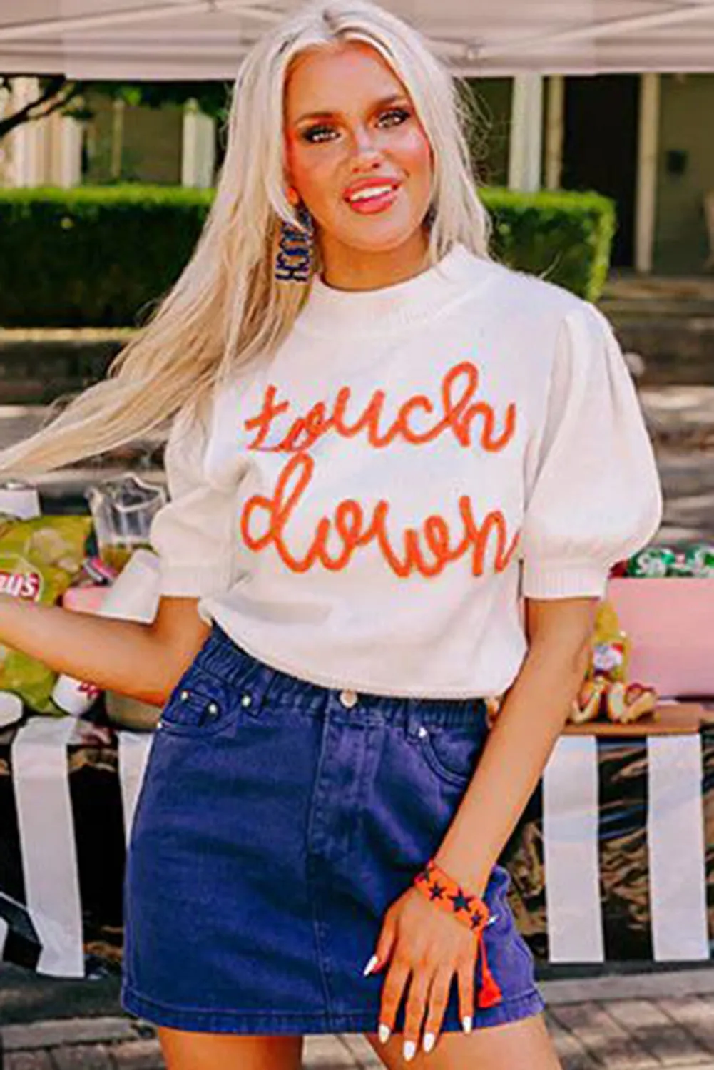 White Touchdown Tinsel Puff Short Sleeve Sweater