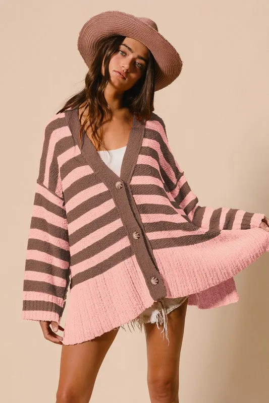 Wjczt  Slit Striped V-Neck Button Up Cardigan