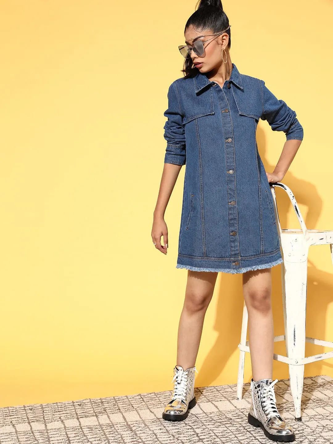 Women Blue Front Flap Denim Shirt Dress