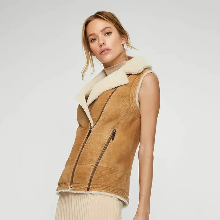 Women Brown Sheepskin Shearling Leather Vest