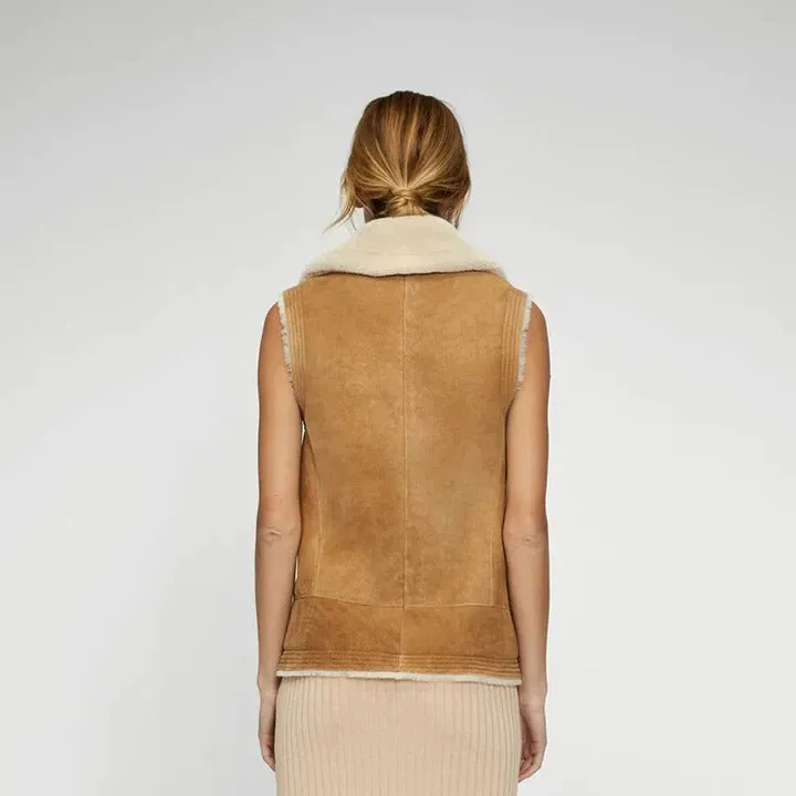 Women Brown Sheepskin Shearling Leather Vest