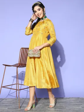 Women Mustard Mirror Embroidered Anarkali Dress