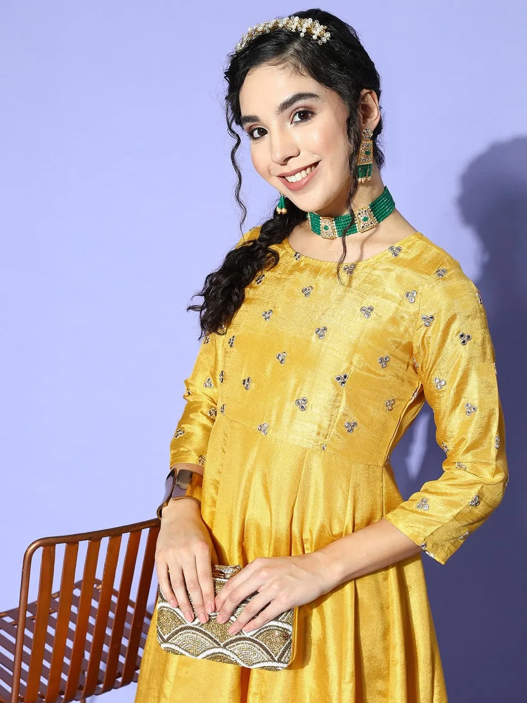 Women Mustard Mirror Embroidered Anarkali Dress