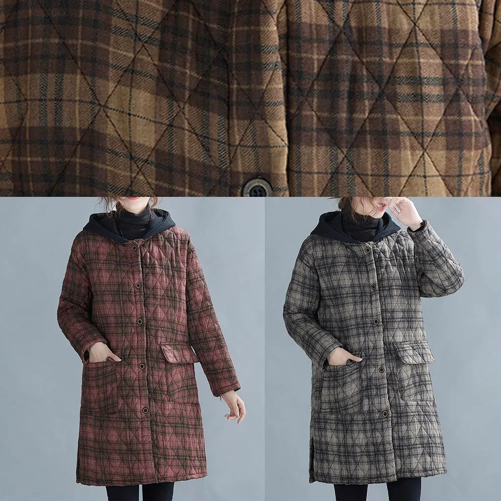 women red plaid coat plus size Coats hooded pockets overcoat