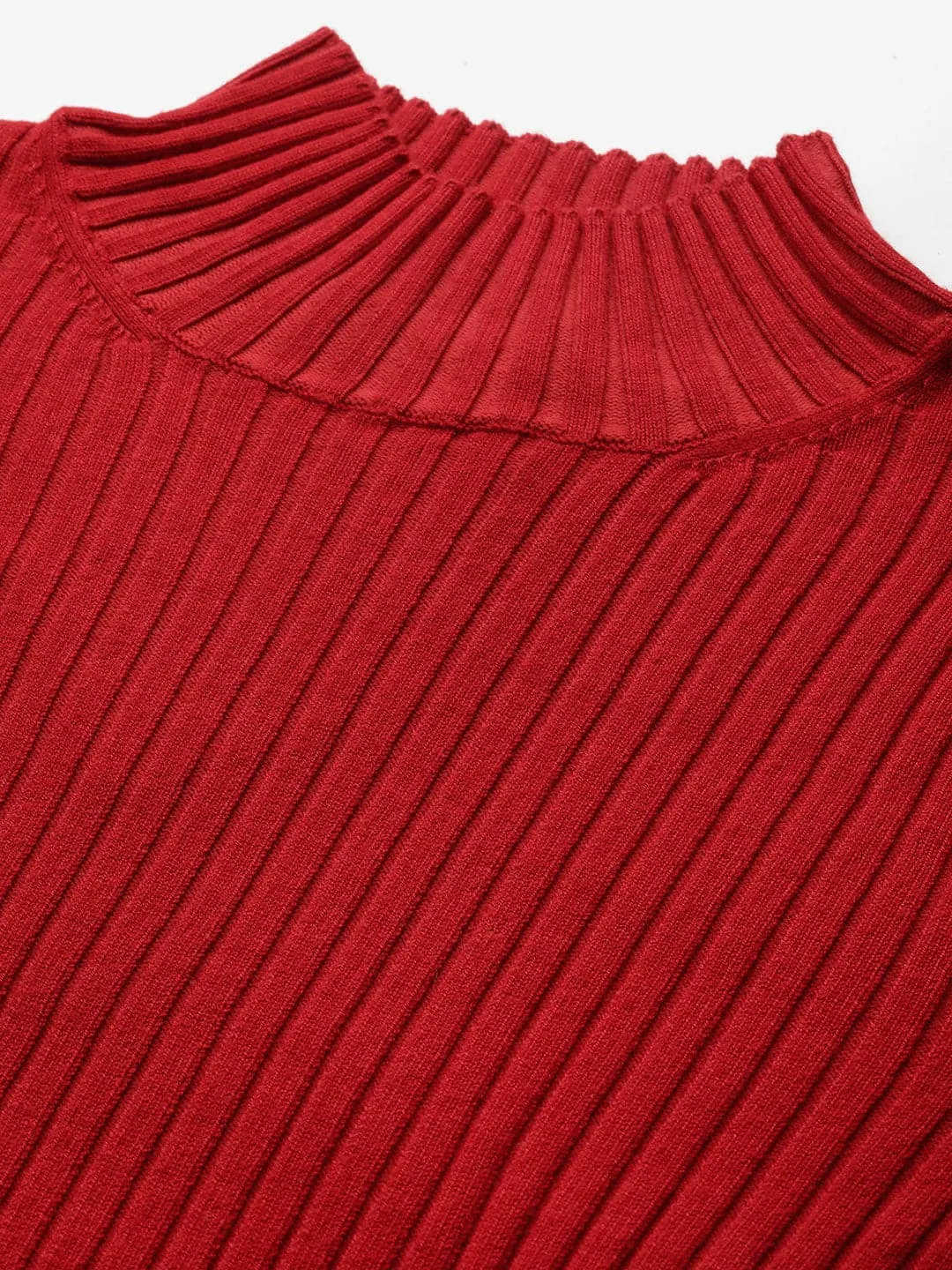 Women Red Rib High Neck Full Sleeves Sweater